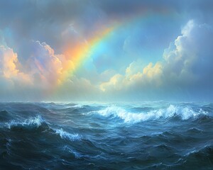 Rainbow arching over a stormy sea after rain