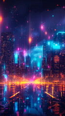 Obraz premium Futuristic Smart Cityscape with Neon Lights in Metaverse Setting, Technological Innovation and Cyberpunk Aesthetic at Night