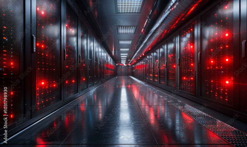Poster modern data center interior with rows of operational server racks and red led lights - cloud computi