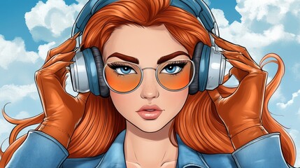  A woman is depicted with headphones on, their blue earpads covering her ears; a clear blue sky stretches behind