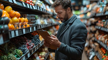 Manager inspecting products in the grocery store while checking invoices.