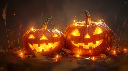 Naklejka premium Two glowing Halloween pumpkins with cheerful faces surrounded by autumn leaves.