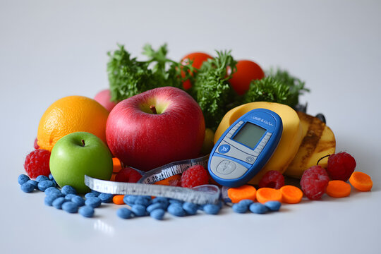 Fresh fruits and vegetables with glucometer and tape measure, symbolizing a healthy diet, diabetes control, and balanced nutrition for managing blood sugar and promoting wellness


