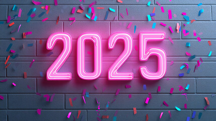 Bright neon sign displaying '2025' against a textured wall, surrounded by colorful confetti. Perfect for celebrations, events or promotions related to the new year.