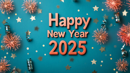 Naklejka premium Celebratory New Year 2025 design featuring colorful decorations, festive stars, and confetti on a teal background, perfect for welcoming the new year with joy and cheer.
