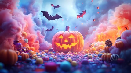 A festive Halloween scene featuring a glowing jack-o'-lantern amidst colorful candies.