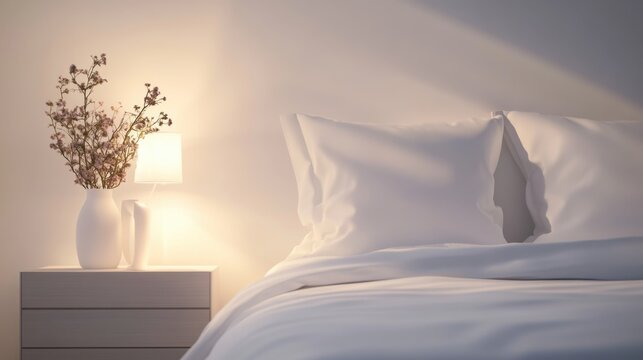 A cozy minimalist bedroom design with fresh white bedding, a stylish bedside table, and a ceramic lamp  soft illumination. The simplicity of the space promotes relaxation and tranquility.