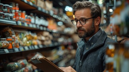 Fototapeta premium Manager inspecting products in the grocery store while checking invoices.