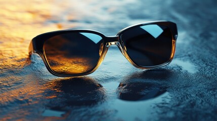 Closeup of sunglasses on a reflective surface with an orange and blue background.