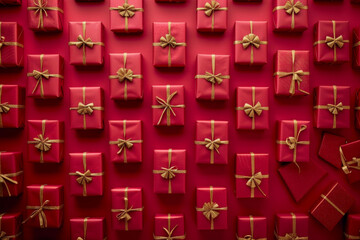 Red Christmas presents with gold bows on a red background