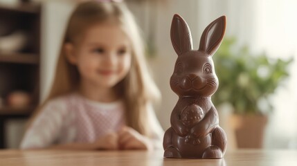 chocolate Easter bunny with smooth surface, tasty and delicious standing on wooden surface in cozy room with little girl on the background