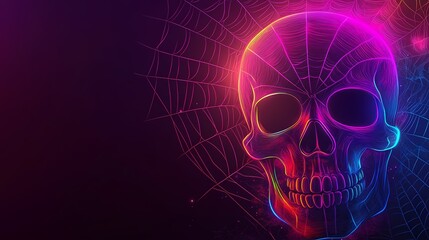 A vibrant neon skull surrounded by colorful spider webs.