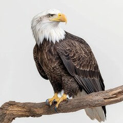Fototapeta premium Majestic Bald Eagle Perched on Branch Isolated on White Background