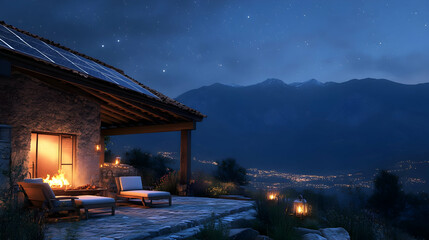 Obraz premium Cozy Mountain Cabin with Fire Pit and Starry Night Sky.