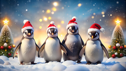 Fototapeta premium Christmas card with funny penguins
