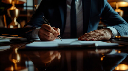 A welldressed man in a suit and tie is writing on a piece of paper