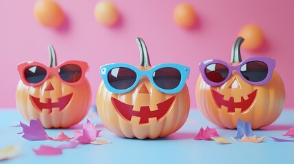 Obraz premium Three cheerful orange pumpkins wearing colorful sunglasses for a fun Halloween vibe.