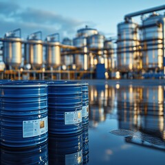 Blue storage drums in an industrial setting with reflecting water at dusk.