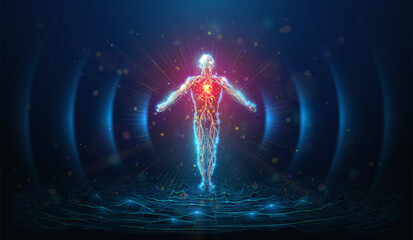 Abstract illustration of human body silhouette made of glowing neon particles. Blue geometric background depicting meditation, yoga and health care concept. Digital wallpaper