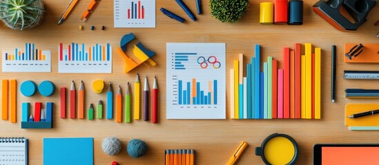 Colorful pencils, graphs, and office supplies on a wooden desk.