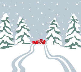 Verschneite Winterlandschaft mit Geschenken und Tannenbäumen