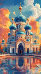  Beautiful, colorful Orthodox church with onion-shaped domes, reflecting cultural and religious heritage in a vibrant landscape.