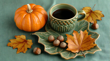 Fototapeta premium Autumnal Still Life with Coffee, Pumpkin, and Leaves.