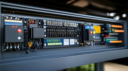 Obraz premium A close-up of an industrial power control box with safety labels, wiring, and leakage detection systems. 