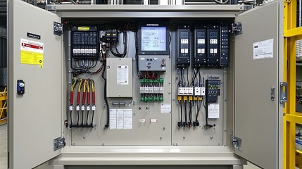 A close-up of an industrial power control box with safety labels, wiring, and leakage detection systems. 