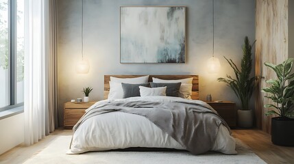 Elegant and Cozy Modern Bedroom Interior Design with Stylish Decor, mockup, poster and Background