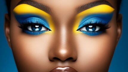 Fototapeta premium A woman wearing blue-yellow makeup on her face