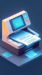  Clean and simple digital illustration of a desktop-sized digital document printer, with paper emerging from the output tray, representing a minimalist approach to office technology.