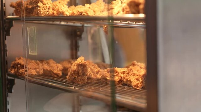 restocking in the food display case. restocking of fried chicken in the food display case