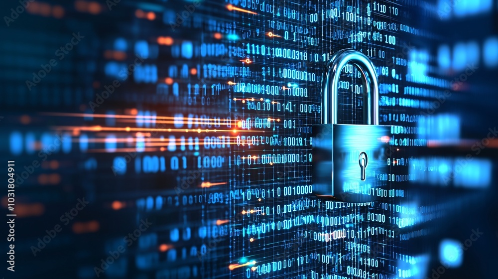 Aufkleber a detailed, glowing data key being inserted into a padlock made of binary code, unlocking a secure d