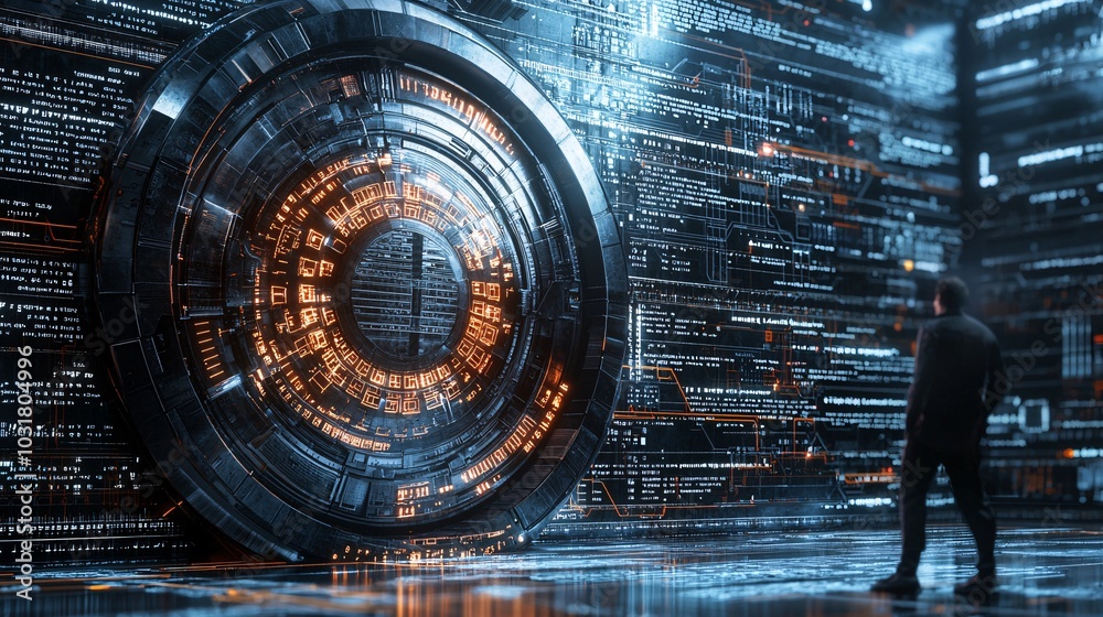Poster a digital safe bursting with encrypted files, while a hacker stands outside confused by the multiple