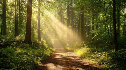 Serene Forest Path with Sunlight Streaming Through Trees