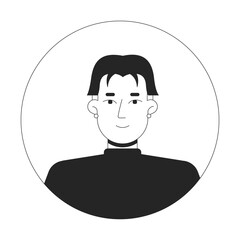 Middle part haircut korean man with stud earrings black and white 2D avatar illustration. Asian hairstyle guy turtleneck outline vector character face isolated. Round frame user profile image portrait