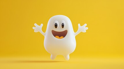 Cheerful white cartoon ghost character on a vibrant yellow background