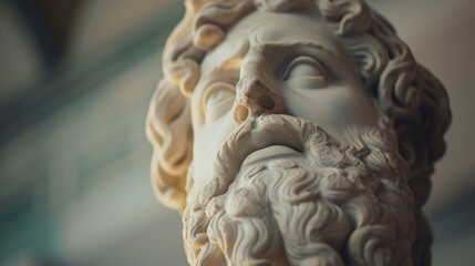 A detailed closeup of a statue depicting a bearded man in a museum