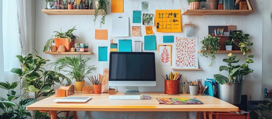 A modern workspace with a computer, plants, and artwork on the wall.
