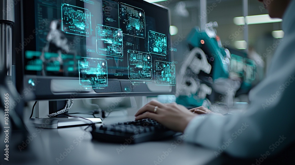 Poster an office worker typing on a computer, while layers of digital security shields appear around the sc