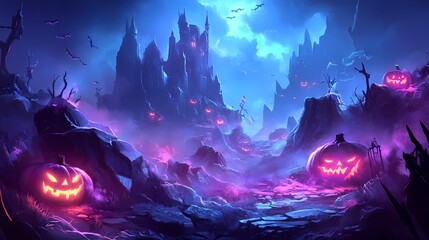 Eerie Halloween landscape with glowing pumpkins and a haunted castle at dusk.