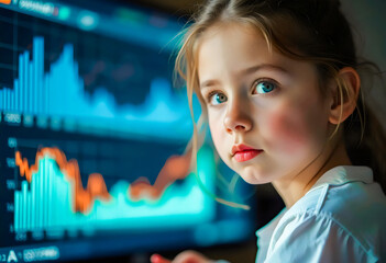 Young girl looking at computer screen with financial graphs.