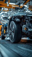Fototapeta premium Electric car on production line in an automated factory, showcasing modern manufacturing processes and cutting-edge automotive technology.