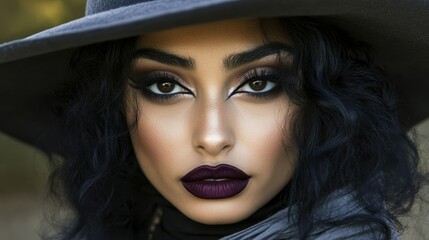  A tight shot of an individual in a hat, donning a black dress, and sporting a purple lip, along with long black tresses