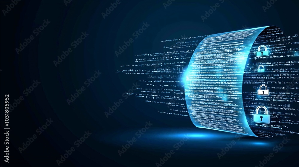Poster a glowing privacy policy document with digital padlocks surrounding it, while a hacker tries to brea
