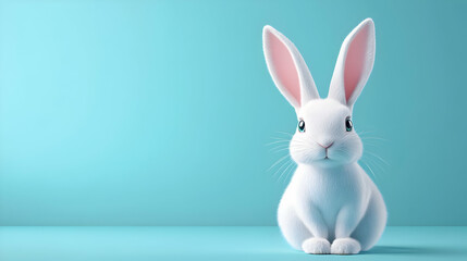 Cute White Rabbit Sitting on Blue Background.