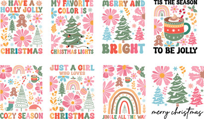 Boho Christmas Printable SVG Design bundle, Boho Floral Christmas T-shirt Design bund, Hand Drawn Boho Christmas, Christmas boho rainbows vector illustrations, Christmas Lettering quotes design bundle