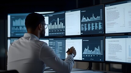 Fototapeta premium Product manager conducts testing visuals by arranging slides, enhancing presentation effectiveness and clarity in team communications.