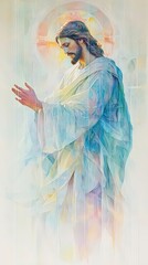  Beautiful depiction of Jesus, bathed in radiant light, symbolizing peace, love, and spirituality, rendered in soft pastel tones.